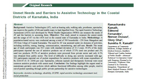Unmet Needs and Barriers to Assistive Technology in the Coastal Districts of Karnataka, India